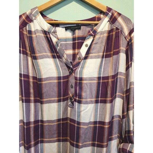 Jane & Delancey Purple Plaid Roll Tab Sleeve 1/4 Button Relaxed Fit Tunic Top 2X - Picture 2 of 9